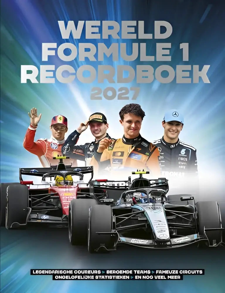 Het wereldrecordboek 2027 formule 1 voor jonge lezers toont een dynamische cover met coureurs en moderne raceauto’s