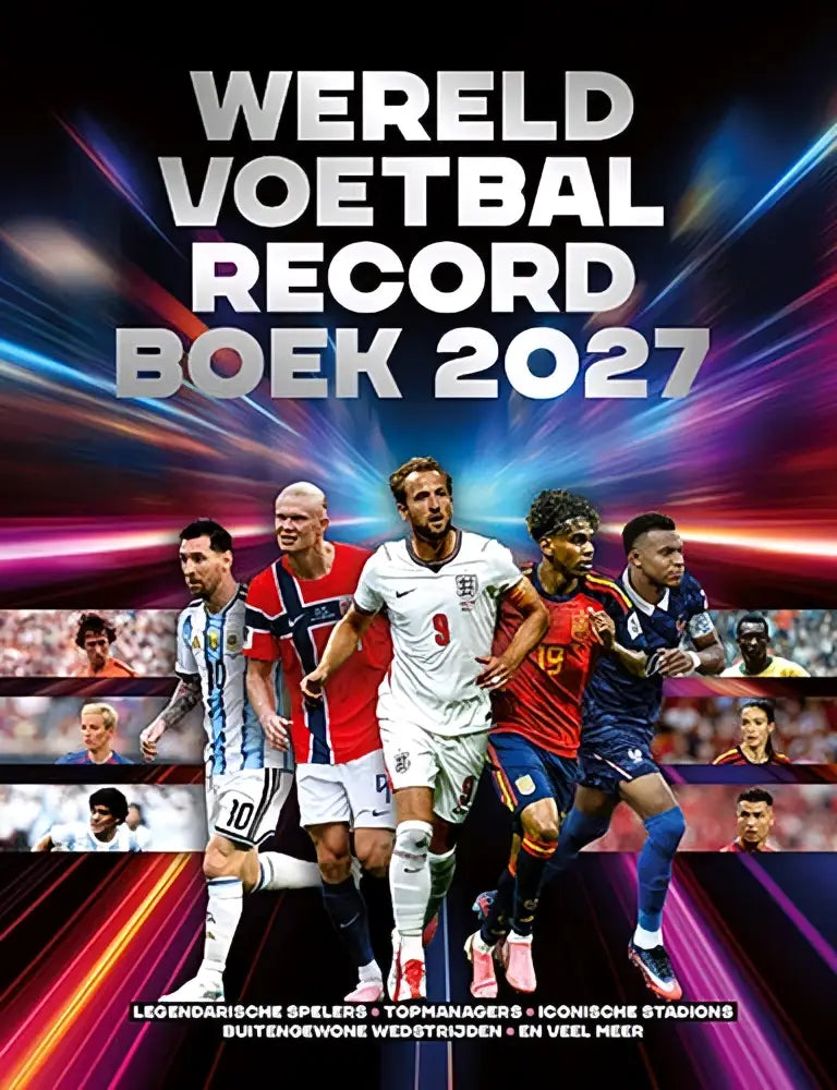 Cover van het wereldvoetbal recordboek 2027 met keir radnedge dynamic collage van voetbalhelden in actie