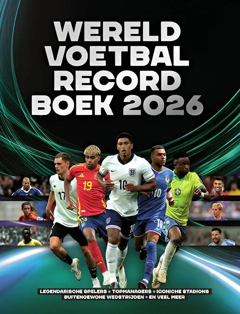 Wereldvoetbalrecordboek 2026 met dynamische collage van legendarische spelers in adidas tenues voor jonge lezers