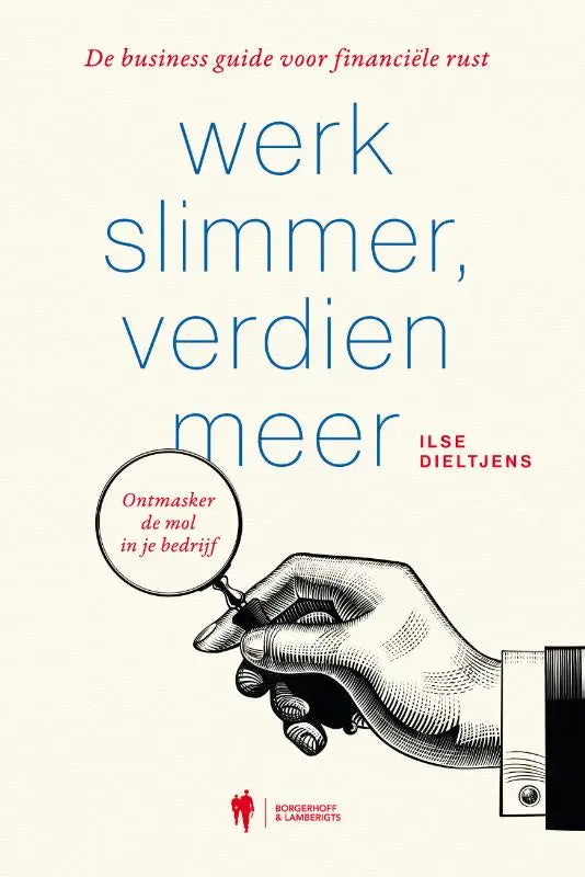 Boekcover van werk slimmer verdien meer business guide voor financiële rust met hand en vergrootglas in zwart wit en blauwe en rode tekst