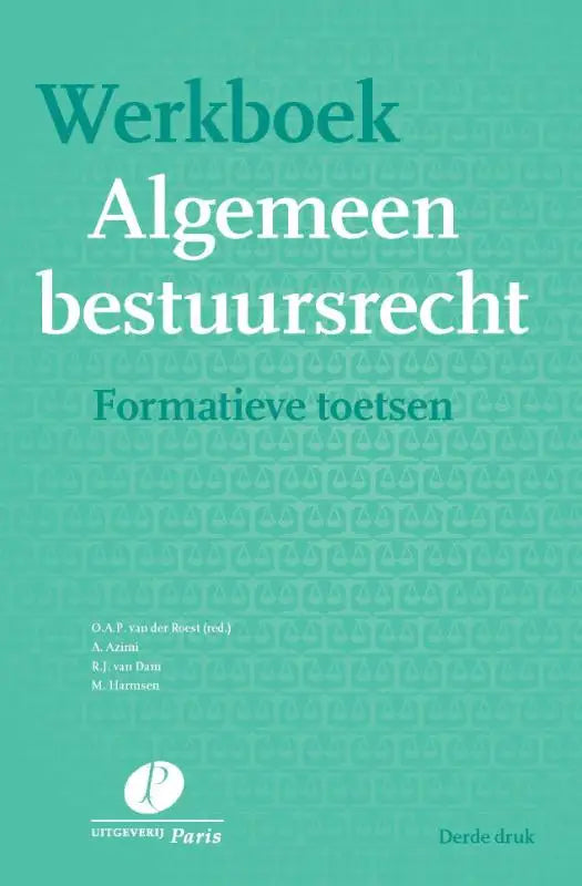 Teal gekleurde werkboek algemeen bestuursrecht met witte tekst en patroon van juridische weegschalen