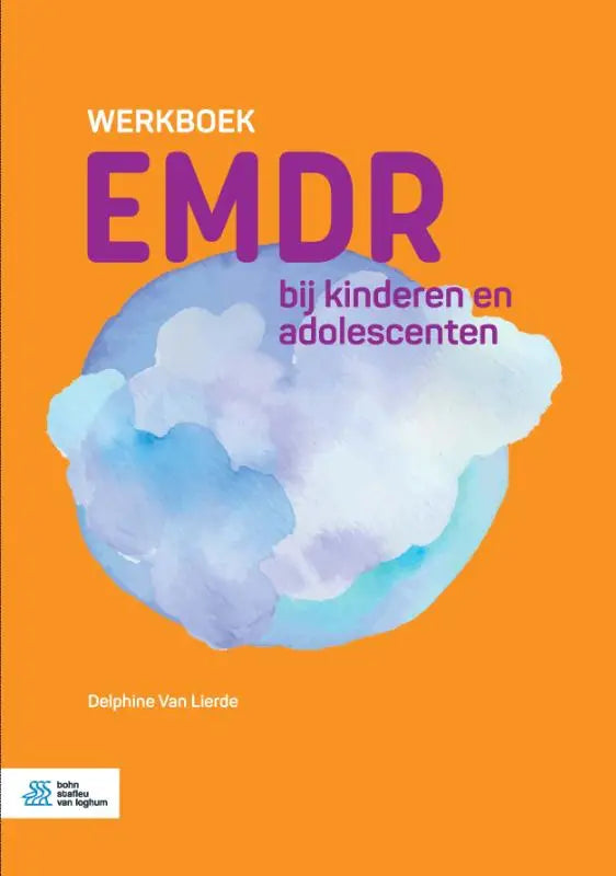 Oranje werkboek emdr met paarse tekst en blauwe aquarel wolk voor jonge lezers kinderen en adolescenten