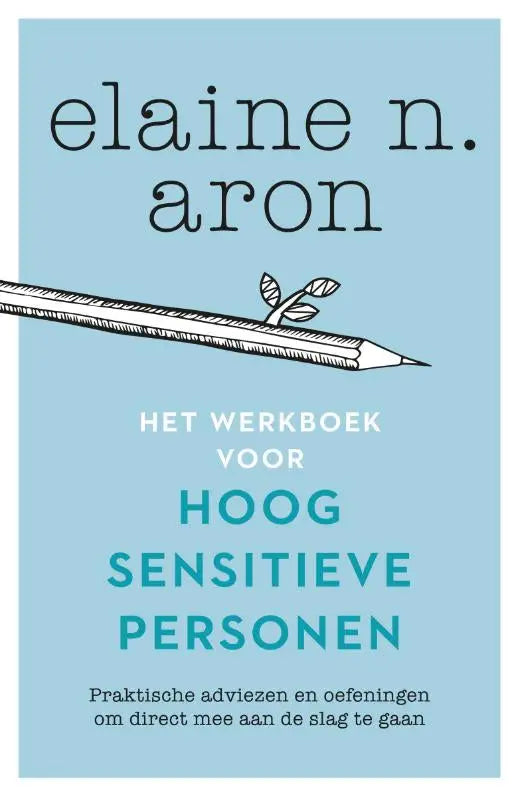 Lichtblauw werkboek voor hoogsensitieve personen met zwartwit lijntekening van potlood waaruit bladeren groeien