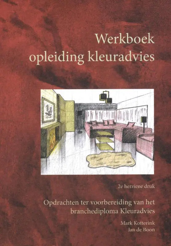 Rood werkboek kleuradvies met witte lijntekening interieur ter voorbereiding opdrechten ter branchediploma