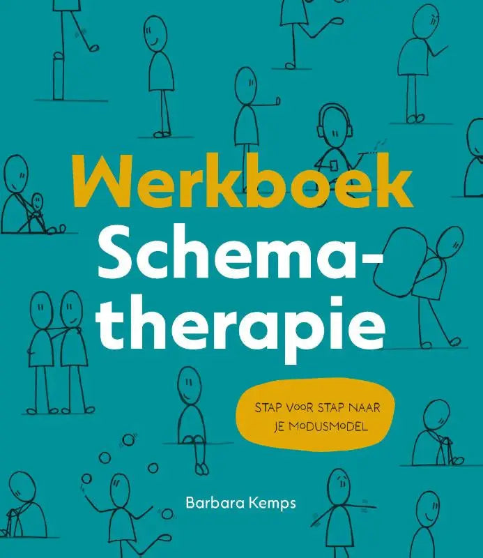 Teal werkboek schematherapie met zwarte lijntekeningen van stickfigures en gele en witte tekst stap voor stap naar je modusmodel