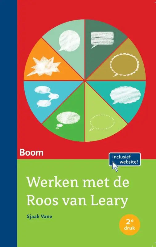 Het boek werken met de roos van leary toont een kleurrijk cirkeldiagram met spraakballonnen op een rode en groene achtergrond van koninklijke boom uitgevers door sjaak vane