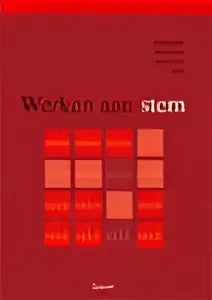 Een minimalistisch product werken aan stem met rood rasterpatroon en zwarte tekst werk van stem op witte achtergrond