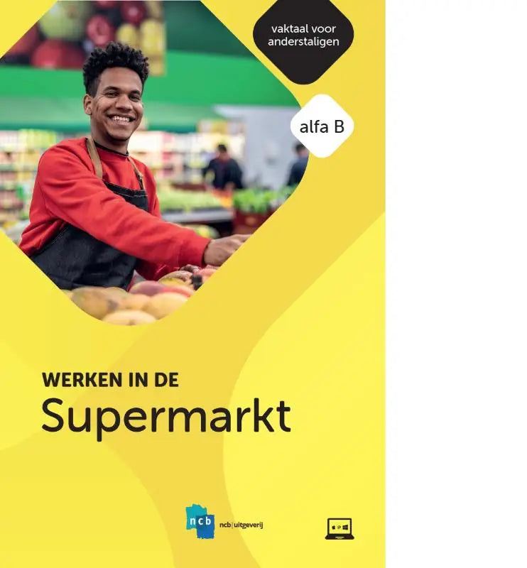 Gele werkboek cover met lachende man in rood shirt en zwart schort bij supermarktbalie werken in de supermarkt