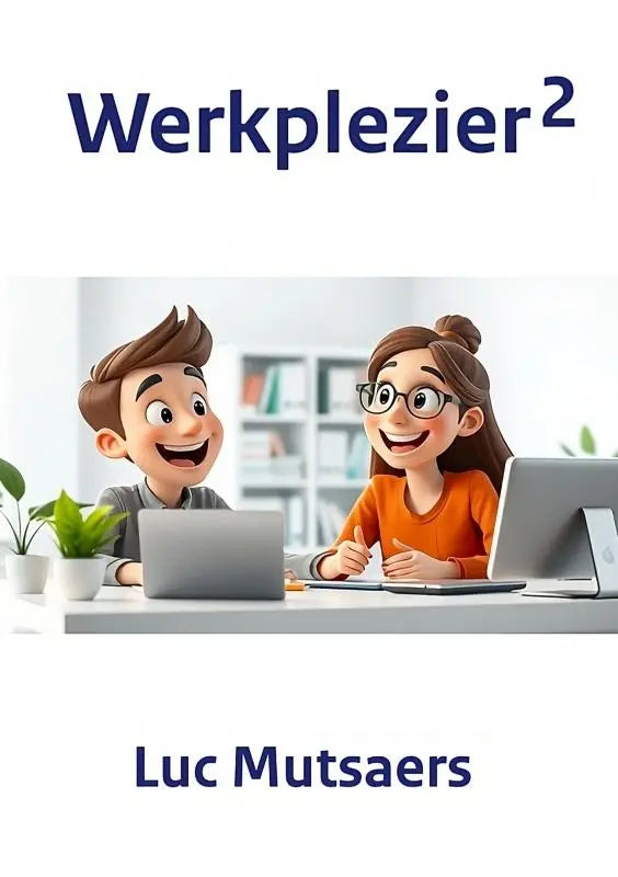De cover van het boek werkplezier² door luc mutsaers toont twee lachende cartoonfiguren in een kantooromgeving