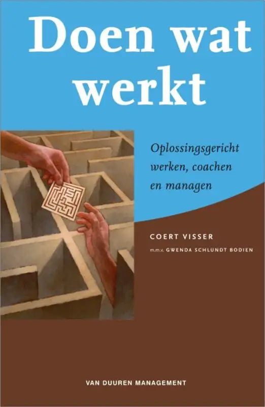 Blauw en bruin boekcover doen wat werkt met illustratie van handen en een doolhof kaart voor oplossingsgericht werken