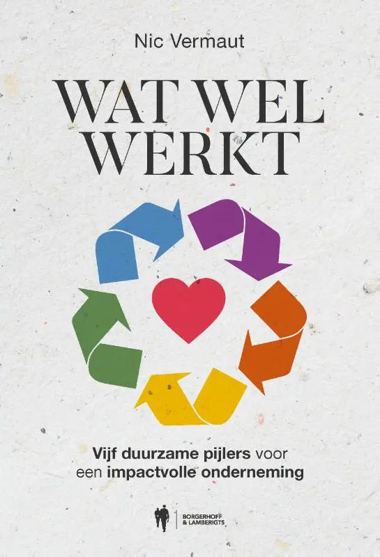 De boekcover van wat wel werkt toont een rode hart met kleurrijke pijlen in een cirkelvormige design en vijf duurzame pijlers
