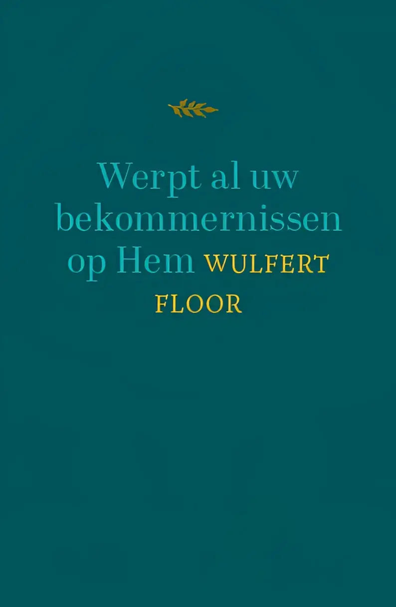 Teal promotiebanner met gouden tekst en klein gouden bladembleem voor werpt al uw bekommernissen op hem product