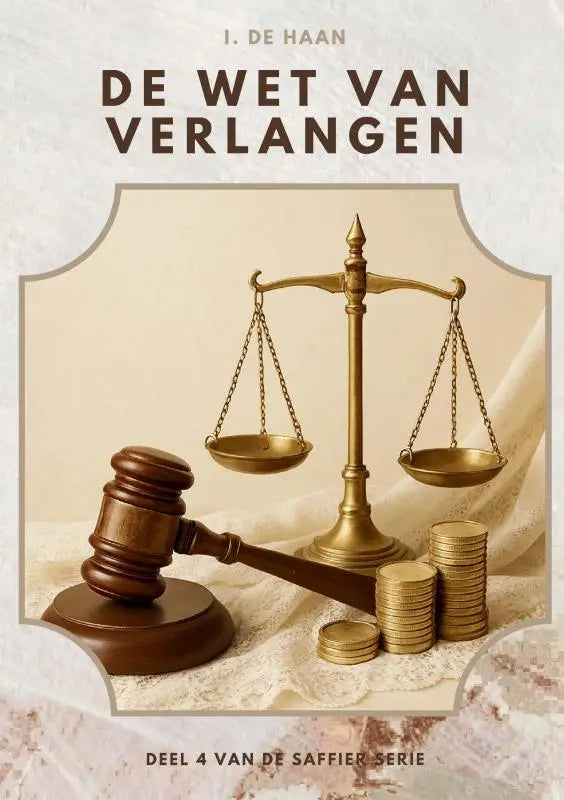 Gouden metalen weegschaal met sierlijke details en houten hamer op borduurstof voor de saffier serie deel 4