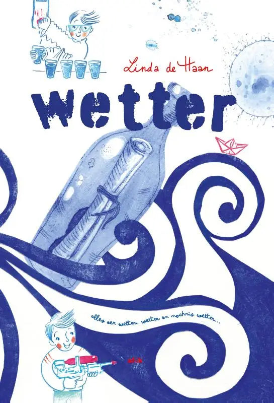 Blauwe geïllustreerde glazen fles met opgerold papier en draaiende patronen voor jonge lezers van wetter-product