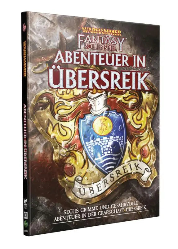 Wfrsp - abenteuer in übersreik fantasy rollenspelboek met goudblauw heraldisch wapenschild op de voorkant