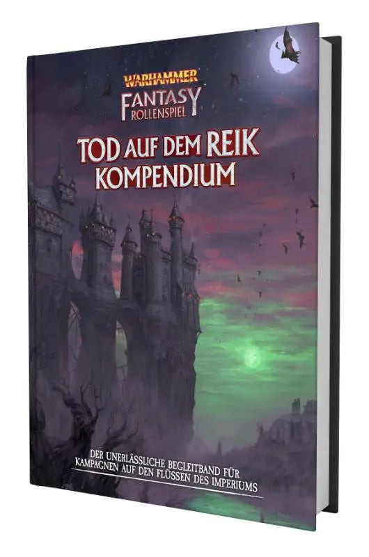 Donkerpaarse en groene fantasyboek tod auf dem reik kompendium met gotisch kasteel voor warhammer fantasy roleplay