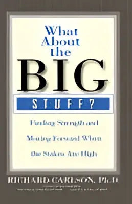 De boekomslag toont de titel wat about the big stuff in zwarte en blauwe letters op een beige achtergrond