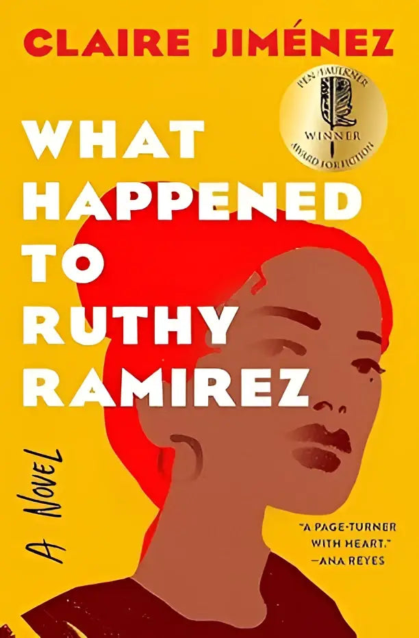 De boekomslag van what happened to ruthy ramirez toont een vrouwelijk gezicht met rood haar en donkere lippenstift op gele achtergrond