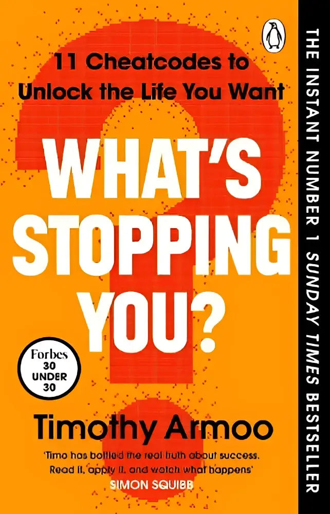 De boekcover van what’s stopping you toont witte tekst op een oranje achtergrond met rode cirkelpatronen door timothy armoo