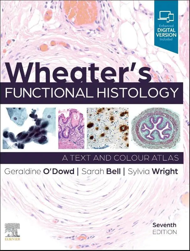 De cover van wheater’s functional histology zevende editie toont functionele histologie met roze achtergrond en microscopische weefsels
