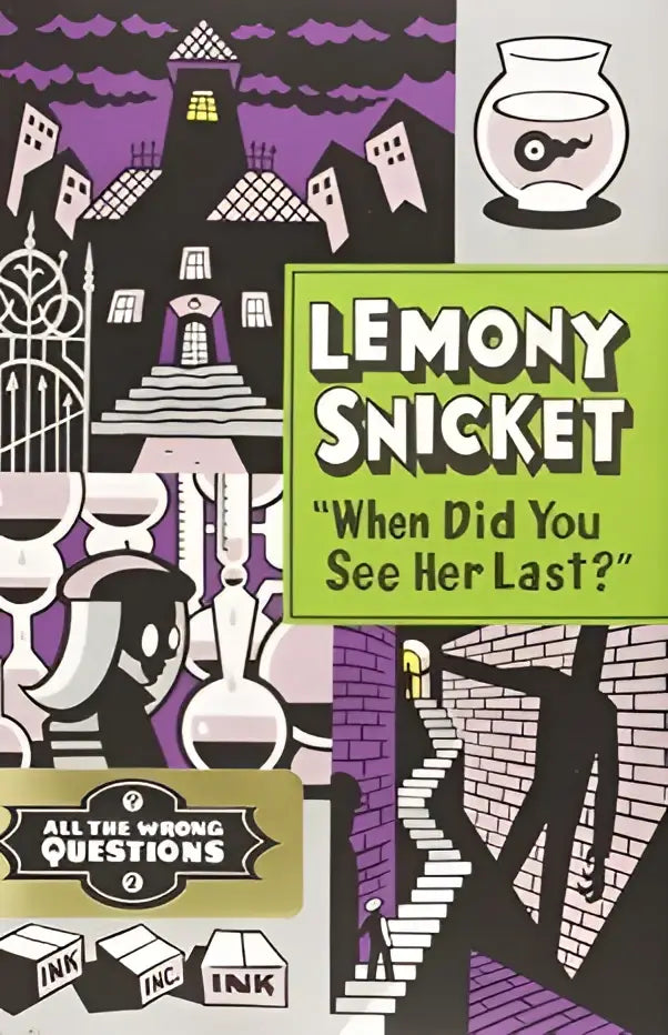 Het boek when did you see her last toont een gothic illustratie met paarse en zwarte tinten van spookhuizen en laboratoriumuitrusting