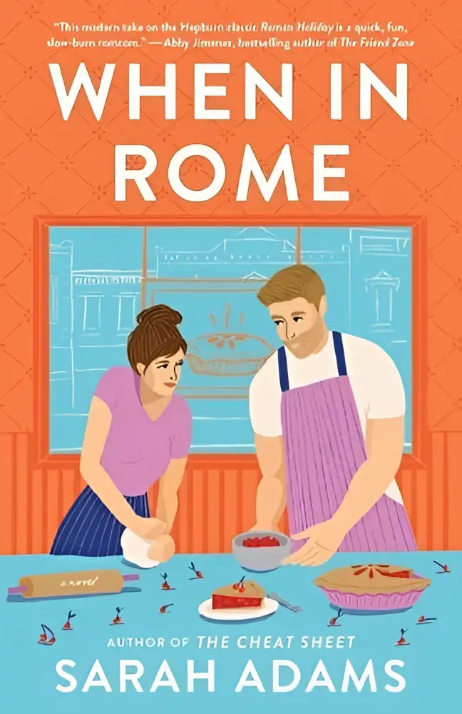 Het boekhoezen van When in Rome door Sarah Adams toont een levendige oranje achtergrond met een illustratie van twee mensen die koken