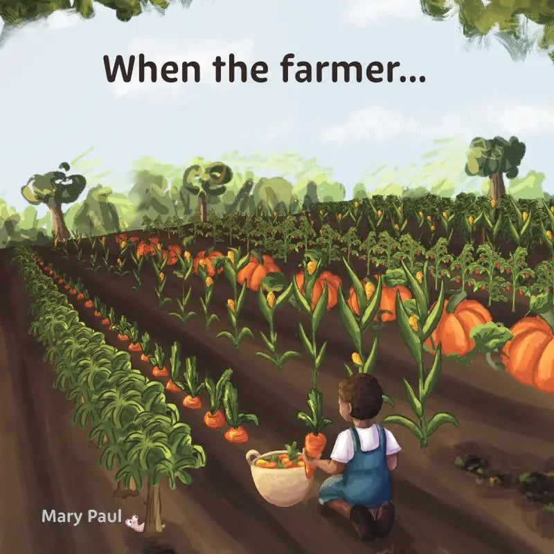 A child in blue overalls kneels beside pumpkins holding a carrot with a woven basket when the farmer harvests
