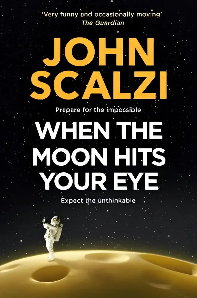 The book cover of when the moon hits your features bold yellow and white text on a starry black background with an astronaut on the moon’s surface