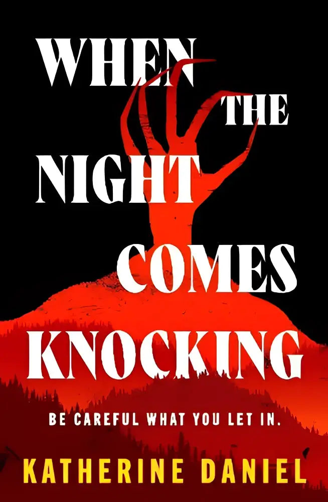 Cover van het boek when the night comes knocking met rode handafdruk op zwarte achtergrond en witte titeltekst