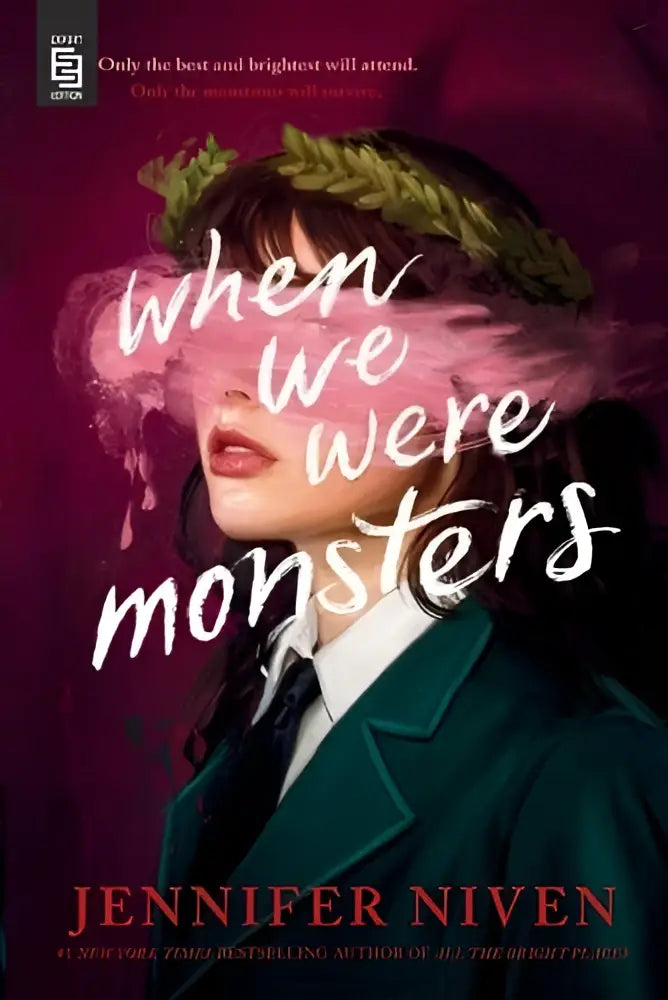 De cover van het boek when we were monsters toont een vrouw met een donkergroene blazer en laurierkroon knopf books for young readers