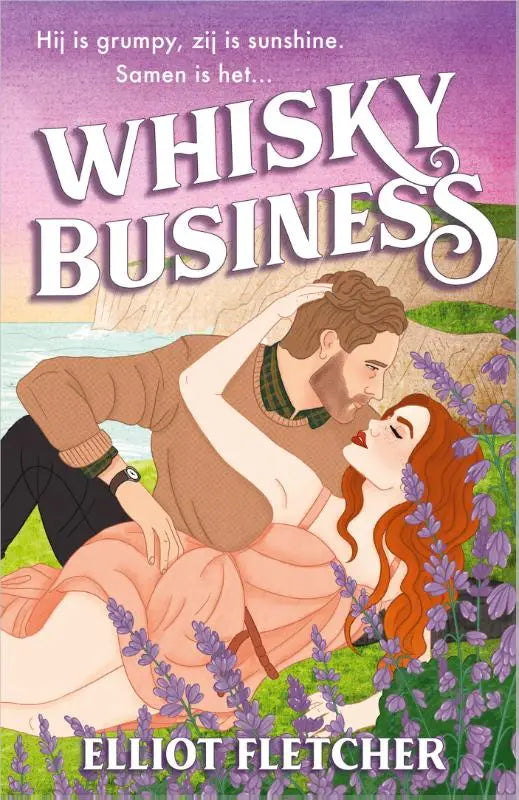 De boekcover van whisky business van elliot fletcher toont een geïllustreerd romantisch koppel in lavendelvelden