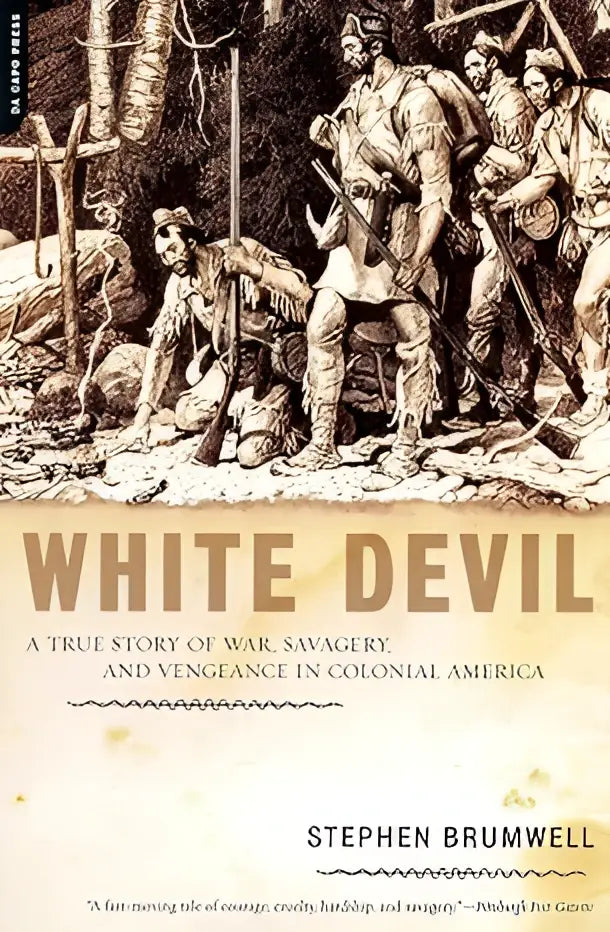 De boekcover van white devil toont een gedetailleerde zwart-wit illustratie van soldaten in koloniale kleding