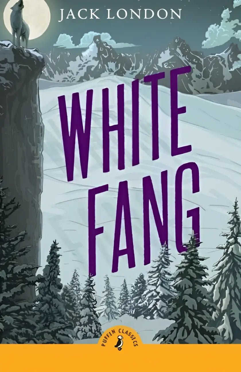 Purple-styled book cover for white fang by jack london featuring snowy mountain and wolf silhouette for teenage fiction