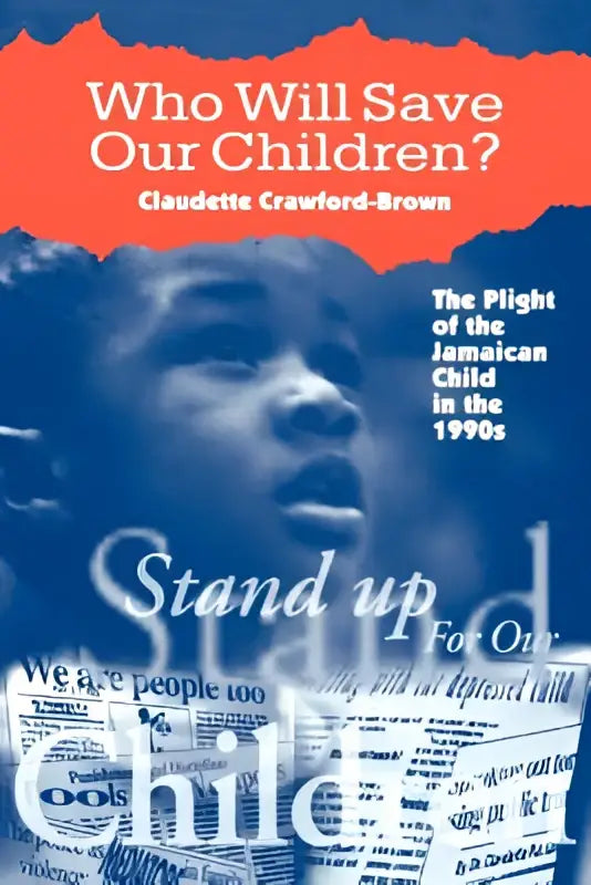 Blauw getint poster van het jonge gezicht van het jamaicaanse kind met krantenartikelen over de jamaican child crisis in de jaren negentig