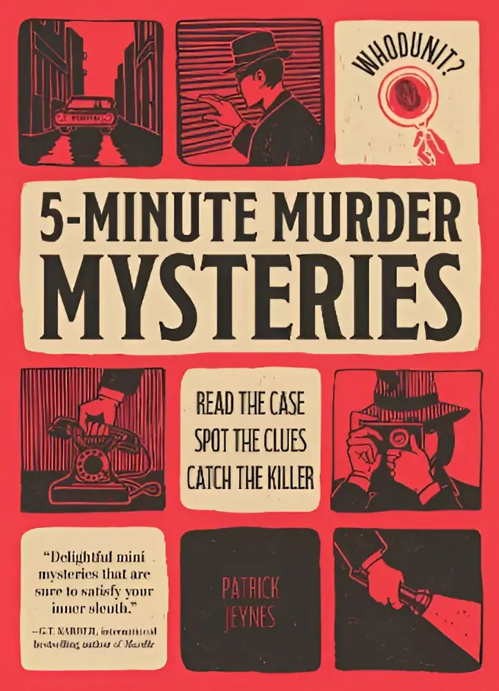Rood en zwart geïllustreerde boekcover voor 5-minute murder mysteries van patrick jennes in whodunit serie