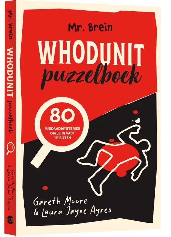 Rood en zwart whodunit puzzelboek met witte tekst en vergrootglas afbeelding van mr brein voor puzzelliefhebbers