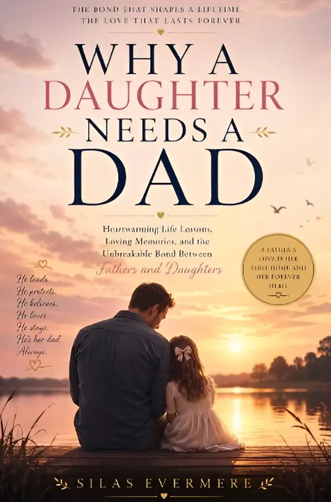De boekomslag van why a daughter needs a dad toont hartverwarmende life lessons in roze en gouden letters tegen zonsondergang