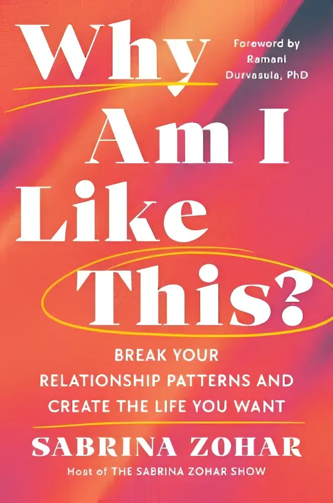 De cover van het boek why am i like this van sabrina zohar bij merky books toont witte tekst op een oranje-roze verloopachtergrond