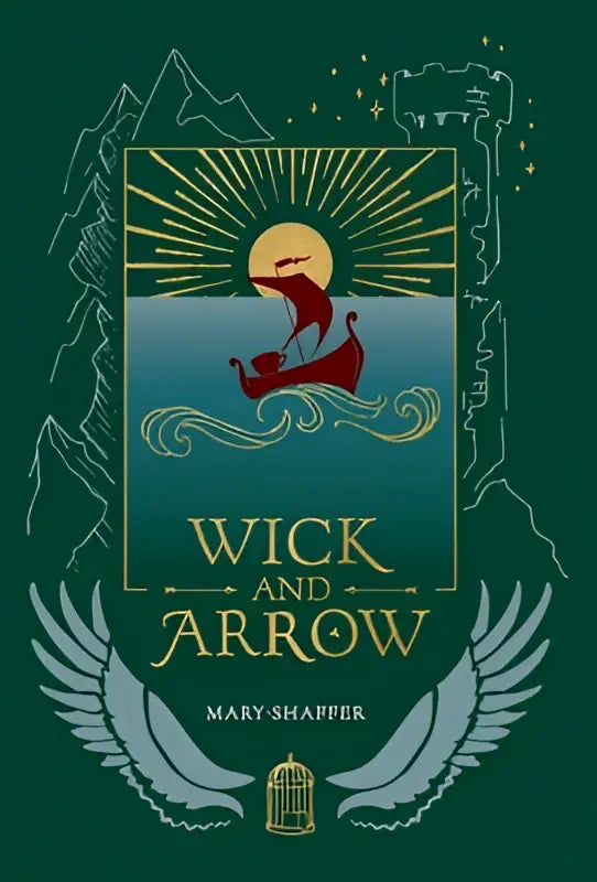 De boekcover van wick and arrow toont een donker groene achtergrond met een rode viking langboot onder een gouden zon