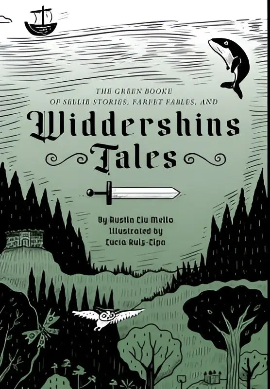 The green booke widdershins tales is a black and white illustrated book with green and gray whimsical forest scenes