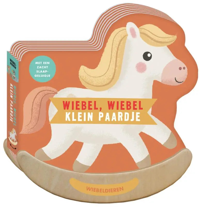 Een schommelboekje wiebel klein paardje met een wit paardje met blonde manen en zacht slaapgeluidje