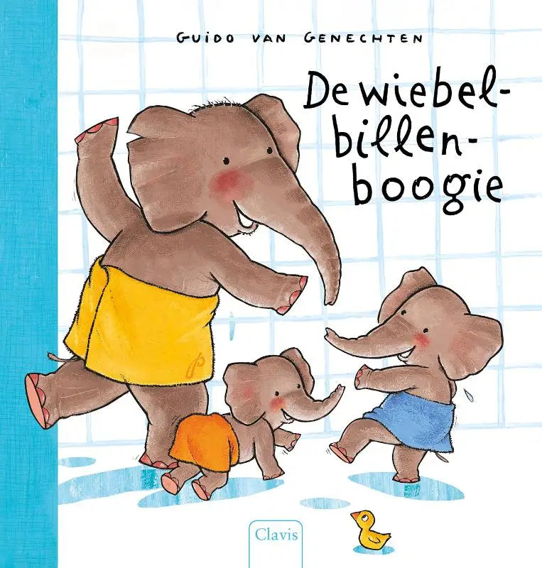 Een vrolijke familie cartoonolifanten in kleurrijke zwemkleding die dansen op een betegelde vloer voor jonge lezers