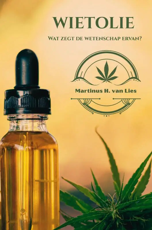 Een heldere glazen druppelfles met goudgele vloeistof en zwart rubberen kap in wetenschap erover wietolie