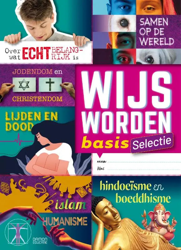 Cover van de wijs worden basis selectie educatieve boek met kleurrijke panelen over religies en filosofieën