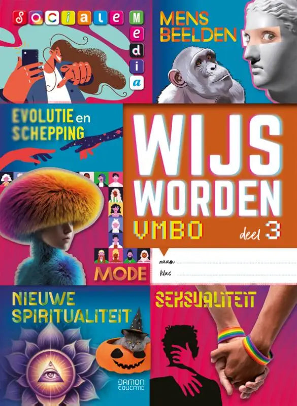 De kleurrijke voorkant van het wijs worden vmbo deel 3 leerboek van daimon educatie met illustraties en opvallende tekst