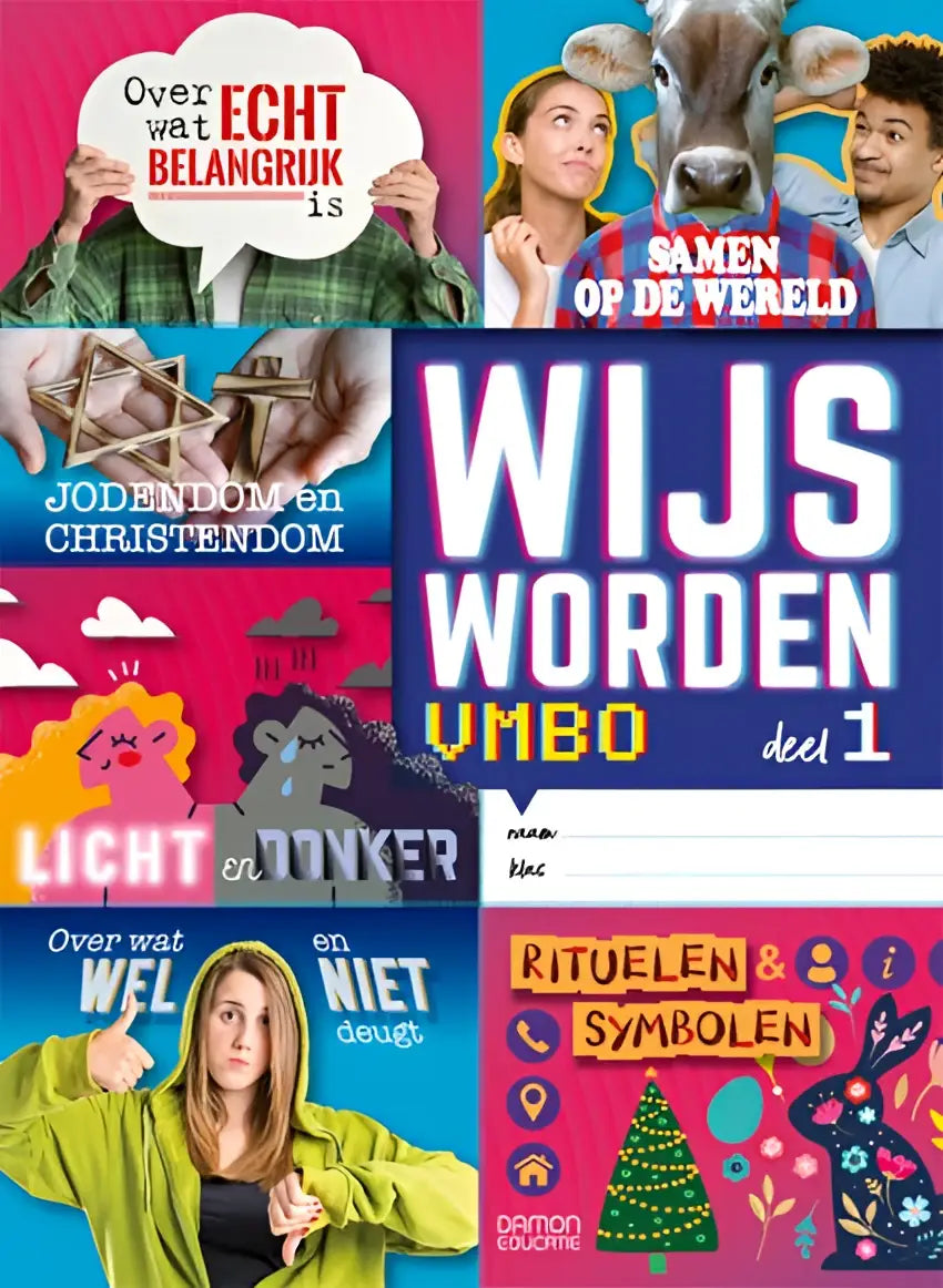 De voorzijde van het educatieve boek wijs worden vmbo deel 1 met kleurrijke tekst en illustraties op een roze achtergrond