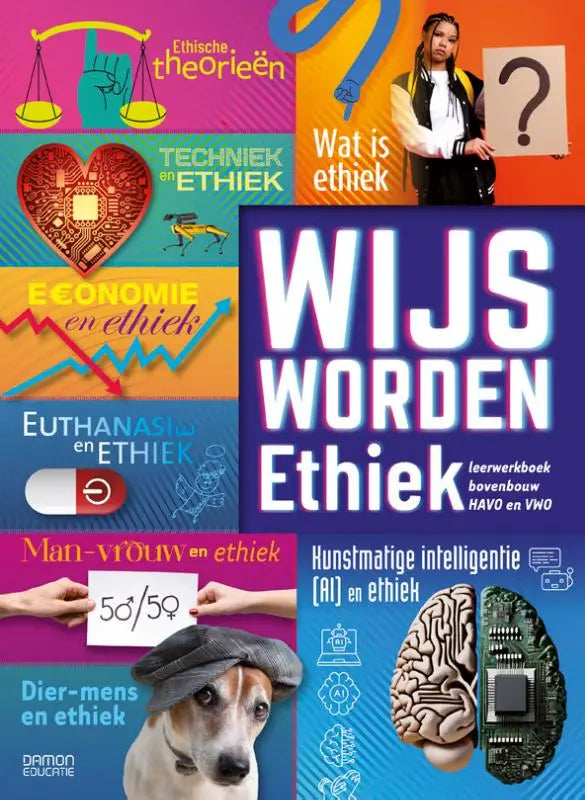 De cover van het leerwerkboek wijs worden ethiek van damon educatie met een kleurrijke collage van ethische symbolen
