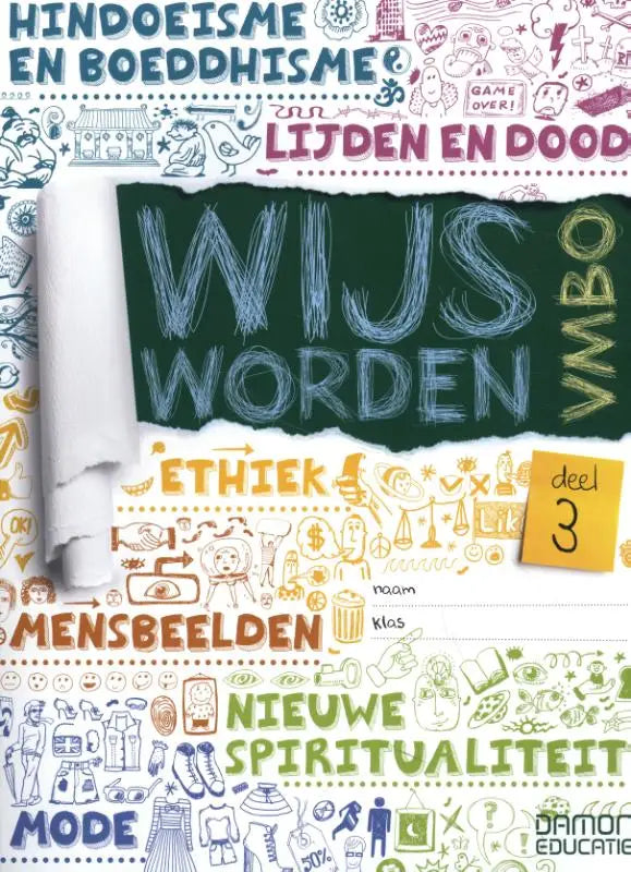 The book cover of wijs worden vmbo features vibrant illustrations with the title in white chalk-like lettering on torn green paper