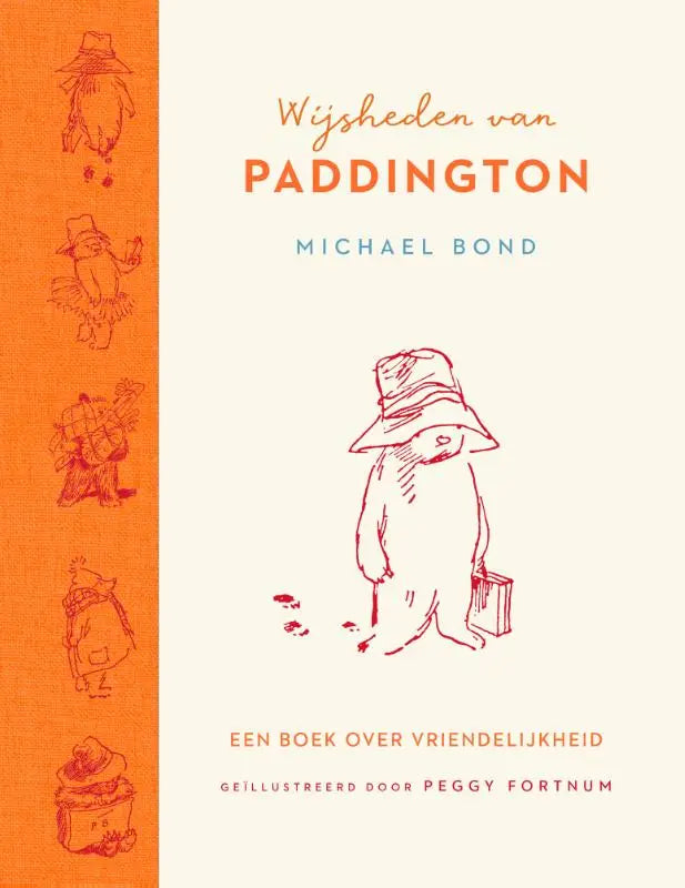 Oranje hardcover boek wijsheden van paddington met rode lijntekening van paddington bear voor jonge lezers