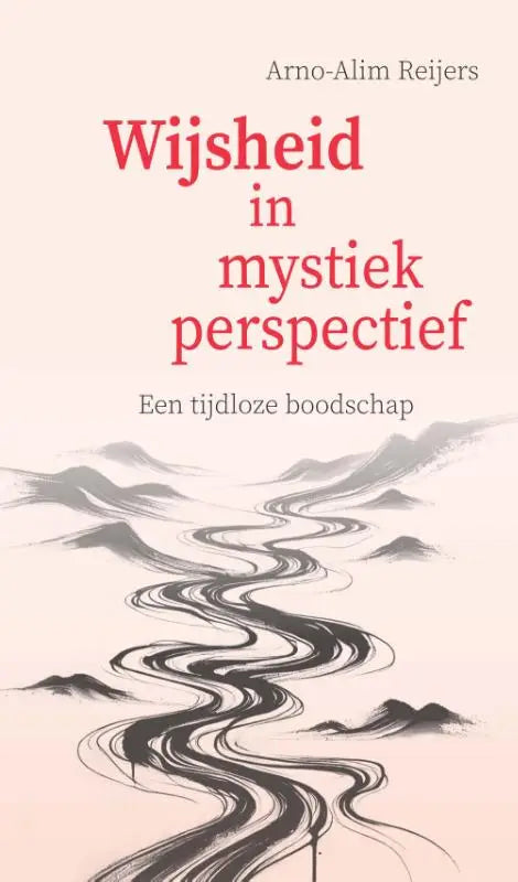 Boek omslag met minimalistische zwarte penseelstreek bergen en paden op zachte roze achtergrond voor wijsheid in mystiek perspectief met tijdloze boodschap